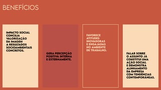 Benefícios
Impacto social
concilia
valorização
da imagem
a resultados
socioambientais
concretos.
Gera percepção
positiva interna
e externamente.
Favorece
atitudes
inovadoras
e engajadas
no ambiente
de trabalho.
Falar sobre
o assunto já
constitui uma
ação social
e demonstra
alinhamento
da empresa
com tendências
contemporâneas.
 