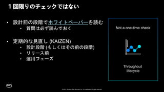 © 2021, Amazon Web Services, Inc. or its affiliates. All rights reserved.
1 回限りのチェックではない
• 設計前の段階でホワイトペーパーを読む
• 質問は必ず読んでおく
• 定期的な見直し (KAIZEN)
• 設計段階 (もしくはその前の段階)
• リリース前
• 運用フェーズ
Throughout
lifecycle
Not a one-time check
 
