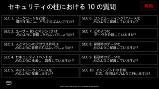 © 2021, Amazon Web Services, Inc. or its affiliates. All rights reserved.
セキュリティの柱における 10 の質問
SEC 2. ユーザー ID とマシン ID は
どのように管理したらよいでしょうか?
SEC 1. ワークロードを安全に
運用するには、どうすればよいですか?
SEC 4. セキュリティイベントを
どのように検出し、調査していますか？
SEC 3. 人とマシンのアクセス許可は
どのように管理すればよいでしょうか?
SEC 5. ネットワークリソースを
どのように保護しますか?
SEC 6. コンピューティングリソースを
どのように保護していますか?
SEC 7. どのように
データを分類していますか?
SEC 8. 保管時のデータを
どのように保護していますか?
SEC 9. 転送時のデータを
どのように保護していますか?
SEC 10. インシデントの予測、
対応、復旧はどのように行いますか?
再掲
 