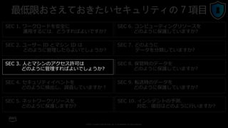© 2021, Amazon Web Services, Inc. or its affiliates. All rights reserved.
最低限おさえておきたいセキュリティの 7 項目
SEC 2. ユーザー ID とマシン ID は
どのように管理したらよいでしょうか?
SEC 1. ワークロードを安全に
運用するには、どうすればよいですか?
SEC 4. セキュリティイベントを
どのように検出し、調査していますか？
SEC 3. 人とマシンのアクセス許可は
どのように管理すればよいでしょうか?
SEC 5. ネットワークリソースを
どのように保護しますか?
SEC 6. コンピューティングリソースを
どのように保護していますか?
SEC 7. どのように
データを分類していますか?
SEC 8. 保管時のデータを
どのように保護していますか?
SEC 9. 転送時のデータを
どのように保護していますか?
SEC 10. インシデントの予測、
対応、復旧はどのように行いますか?
 