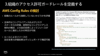 © 2021, Amazon Web Services, Inc. or its affiliates. All rights reserved.
3.
AWS Config Rules の検討
• 組織のルールから逸脱していないかどうかを評価
• 全体的なコンプライアンスおよびリスク
ステータスの評価、経時的なコンプライアンス
傾向の確認、どの設定変更によってリソースが
ルールに違反したかの特定が可能
• ルールによるリソースの
設定変更の評価結果はダッシュボードで確認可能
https://docs.aws.amazon.com/ja_jp/controltower/latest/userguide/strongly-recommended-guardrails.html
 