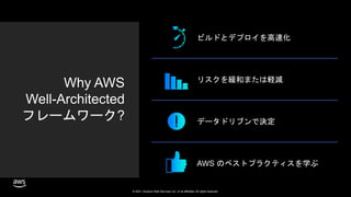 © 2021, Amazon Web Services, Inc. or its affiliates. All rights reserved.
Why AWS
Well-Architected
フレームワーク?
AWS のベストプラクティスを学ぶ
ビルドとデプロイを高速化
リスクを緩和または軽減
データドリブンで決定
 