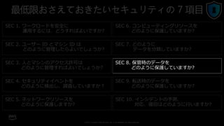 © 2021, Amazon Web Services, Inc. or its affiliates. All rights reserved.
最低限おさえておきたいセキュリティの 7 項目
SEC 2. ユーザー ID とマシン ID は
どのように管理したらよいでしょうか?
SEC 1. ワークロードを安全に
運用するには、どうすればよいですか?
SEC 4. セキュリティイベントを
どのように検出し、調査していますか？
SEC 3. 人とマシンのアクセス許可は
どのように管理すればよいでしょうか?
SEC 5. ネットワークリソースを
どのように保護しますか?
SEC 6. コンピューティングリソースを
どのように保護していますか?
SEC 7. どのように
データを分類していますか?
SEC 8. 保管時のデータを
どのように保護していますか?
SEC 9. 転送時のデータを
どのように保護していますか?
SEC 10. インシデントの予測、
対応、復旧はどのように行いますか?
 