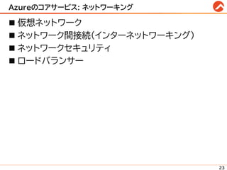 Azureのコアサービス: ネットワーキング
◼ 仮想ネットワーク
◼ ネットワーク間接続(インターネットワーキング)
◼ ネットワークセキュリティ
◼ ロードバランサー
23
 