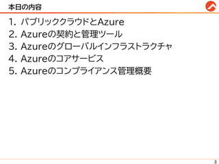 本日の内容
1. パブリッククラウドとAzure
2. Azureの契約と管理ツール
3. Azureのグローバルインフラストラクチャ
4. Azureのコアサービス
5. Azureのコンプライアンス管理概要
3
 