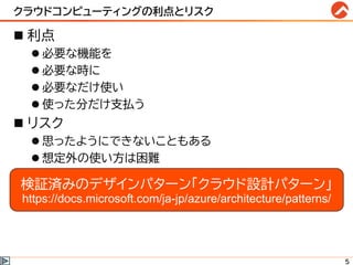 クラウドコンピューティングの利点とリスク
◼ 利点
⚫ 必要な機能を
⚫ 必要な時に
⚫ 必要なだけ使い
⚫ 使った分だけ支払う
◼ リスク
⚫ 思ったようにできないこともある
⚫ 想定外の使い方は困難
検証済みのデザインパターン「クラウド設計パターン」
https://docs.microsoft.com/ja-jp/azure/architecture/patterns/
5
 