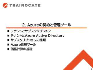 2. Azureの契約と管理ツール
◼ テナントとサブスクリプション
◼ テナントとAzure Active Directory
◼ サブスクリプションの種類
◼ Azure管理ツール
◼ 価格計算の基礎
8
 