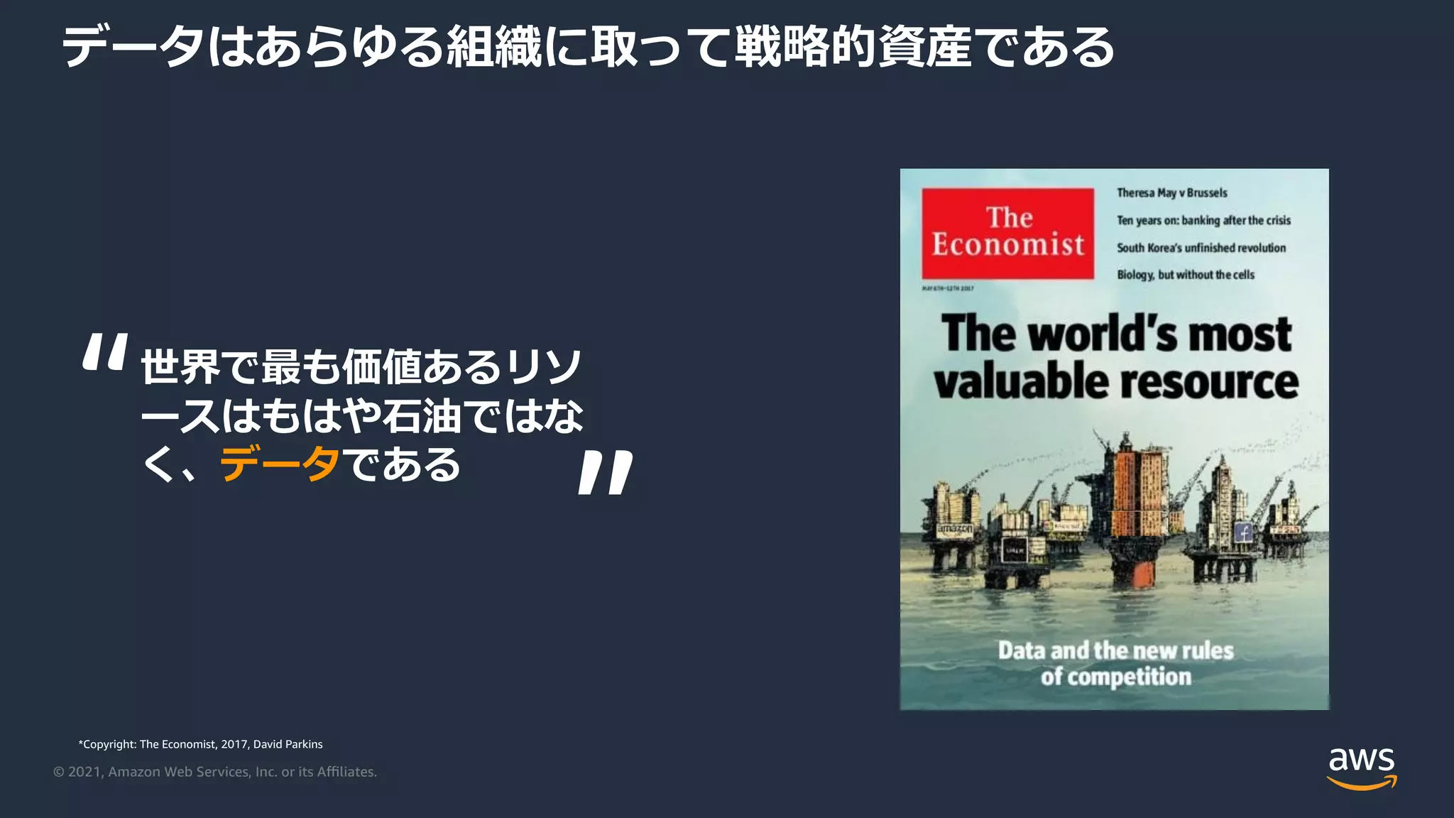 © 2021, Amazon Web Services, Inc. or its Aﬃliates.
データはあらゆる組織に取って戦略的資産である
世界で最も価値あるリソ
ースはもはや⽯油ではな
く、データである
*Copyright: The Economist, 2017, David Parkins
“
”
 