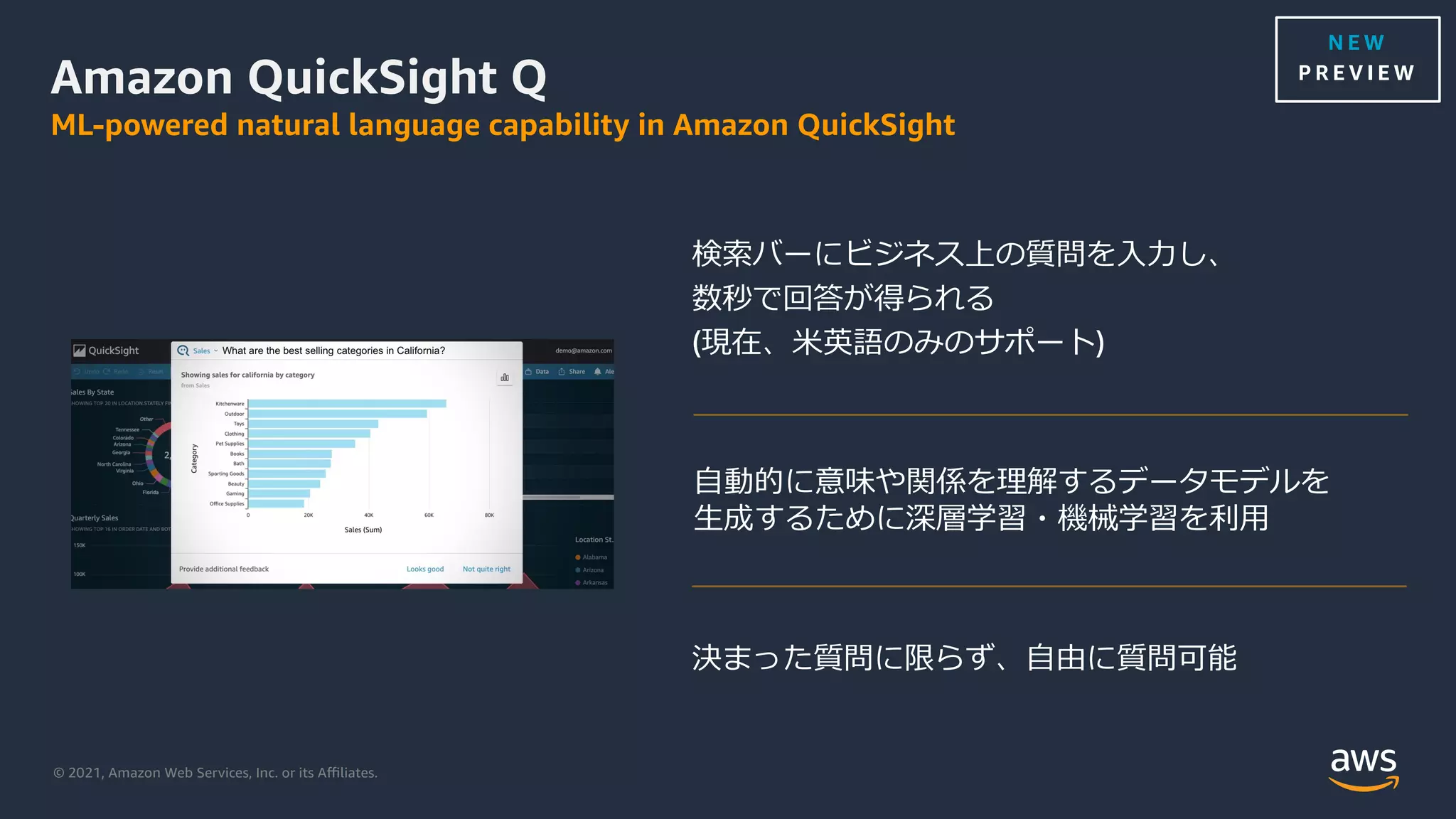© 2021, Amazon Web Services, Inc. or its Aﬃliates.
Amazon QuickSight Q
ML-powered natural language capability in Amazon QuickSight
検索バーにビジネス上の質問を⼊⼒し、
数秒で回答が得られる
(現在、⽶英語のみのサポート)
決まった質問に限らず、⾃由に質問可能
⾃動的に意味や関係を理解するデータモデルを
⽣成するために深層学習・機械学習を利⽤
N E W
P R E V I E W
 