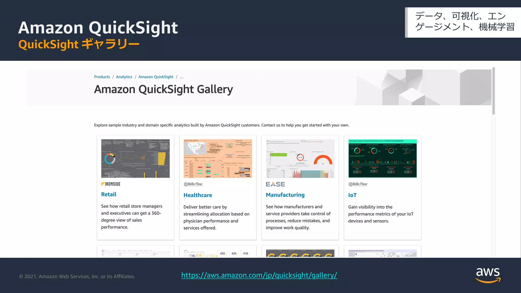 © 2021, Amazon Web Services, Inc. or its Aﬃliates.
Amazon QuickSight
QuickSight ギャラリー
データ、可視化、エン
ゲージメント、機械学習
https://aws.amazon.com/jp/quicksight/gallery/
 