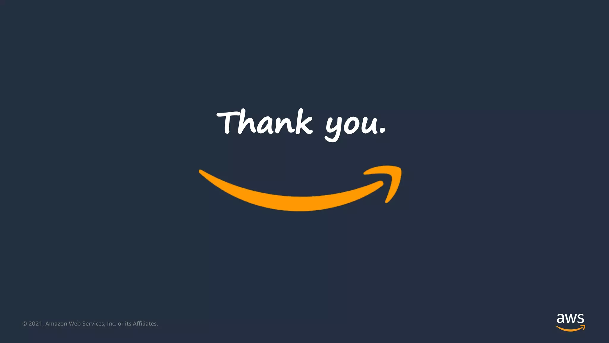 © 2021, Amazon Web Services, Inc. or its Aﬃliates.
Thank you.
 