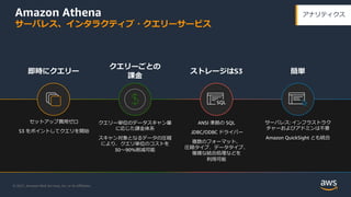 © 2021, Amazon Web Services, Inc. or its Aﬃliates.
Amazon Athena
サーバレス、インタラクティブ・クエリーサービス
クエリーごとの
課⾦
クエリー単位のデータスキャン量
に応じた課⾦体系
スキャン対象となるデータの圧縮
により、クエリ単位のコストを
30〜90%削減可能
ストレージはS3
ANSI 準拠の SQL
JDBC/ODBC ドライバー
複数のフォーマット、
圧縮タイプ、データタイプ、
複雑な結合処理などを
利⽤可能
SQL
サーバレス: インフラストラク
チャーおよびアドミンは不要
Amazon QuickSight とも統合
簡単
即時にクエリー
セットアップ費⽤ゼロ
S3 をポイントしてクエリを開始
アナリティクス
 
