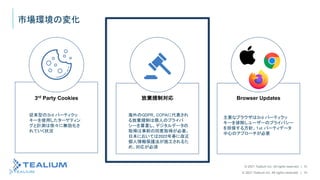 © 2021 Tealium Inc. All rights reserved. | 10
© 2021 Tealium Inc. All rights reserved. | 10
3rd
Party Cookies 放棄規制対応 Browser Updates
市場環境の変化
従来型の３rd パーティクッ
キーを使用したターゲティン
グと計測は徐々に無効化さ
れていく状況
海外のGDPR、CCPAに代表され
る放棄規制は個人のプライバ
シーを尊重し、デジタルデータの
取得は事前の同意取得が必要。
日本においては2022年春に改正
個人情報保護法が施工されるた
め、対応が必須
主要なブラウザは３rd パーティクッ
キーを排除しユーザーのプライバシー
を担保する方針。１st パーティデータ
中心のアプローチが必要
 