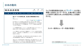 © 2021 Tealium Inc. All rights reserved. | 12
日本の動向
引用: 日本経済新聞2020/6/5 12:22
https://www.nikkei.com/article/DGXMZO60009640V00C20A6MM0000/
ウェブの閲覧履歴を記録した「クッキー」など個人
情報には該当しないデータでも、企業が個人と照合
して利用する場合は本人の同意を得ることを義務
付ける。
クッキー使用はユーザー同意が前提に
 