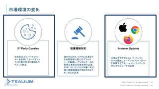 © 2021 Tealium Inc. All rights reserved. | 16
© 2021 Tealium Inc. All rights reserved. | 16
3rd
Party Cookies 放棄規制対応 Browser Updates
市場環境の変化
従来型の３rd パーティクッ
キーを使用したターゲティン
グと計測は徐々に無効化さ
れていく状況
海外のGDPR、CCPAに代表され
る放棄規制は個人のプライバ
シーを尊重し、デジタルデータの
取得は事前の同意取得が必要。
日本においては2022年春に改正
個人情報保護法が施工されるた
め、対応が必須
主要なブラウザは３rd パーティクッ
キーを排除しユーザーのプライバシー
を担保する方針。１st パーティデータ
中心のアプローチが必要
 