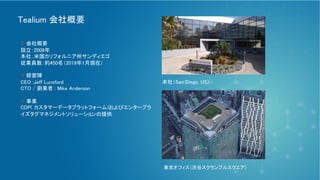 © 2021 Tealium Inc. All rights reserved. | 3
l 会社概要
設立：2008年
本社：米国カリフォルニア州サンディエゴ
従業員数：約450名（2019年1月現在）
l 経営陣
CEO：Jeff Lunsford
CTO / 創業者 : Mike Anderson
l 事業
CDP( カスタマーデータプラットフォーム)およびエンタープラ
イズタグマネジメントソリューションの提供
本社（San Diego, US)
東京オフィス（渋谷スクランブルスクエア）
Tealium 会社概要
 