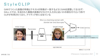 S t y l e C L I P
11
GANでつくった画像の特徴とテキストの特徴が一致するようにGANを調整してる(はず)
DALL-Eでは、生成された複数の画像がどれだけ入力文と近いかの順位付けという形で
CLIPが利用されており、アイディア的には似ている
参考文献: [7][8]
画像は[7-2]より引用
CLIPによって、画像とテキストの類似度を求め、
その結果が高くなるように画像生成のパラメタを最適化する
©Panasonic Corporation 2021
 