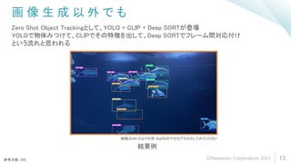 画 像 生 成 以 外 で も
13
Zero Shot Object Trackingとして、YOLO + CLIP + Deep SORTが登場
YOLOで物体みつけて、CLIPでその特徴を出して、Deep SORTでフレーム間対応付け
という流れと思われる
画像は[44-2]より引用 ※gifなのでぜひアクセスしてみてください
参考文献: [44]
結果例
©Panasonic Corporation 2021
 