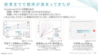 前 章 ま で で 期 待 が 高 ま っ て き た が
25
Transformer(ViT)にも問題はある
問題1. 学習データが大量になければ力が出ない
問題2. メモリ・計算量がでかい(というか効率がよろしくない)
これらに対してどういった取組がなされているか、以降のスライドで紹介していく
学習データ規模(横軸)と性能(縦軸)
BiTがCNN. ImageNetだとBiT>>ViT
21kでもBiT≒ViT
3億枚の非公開データでようやくViT>=BiTとなる
※ 円の大きさはパラメタ数
参考文献: [1][27][24]
画像は[1-1]より引用 画像は[27-1]より引用 画像は[24]より引用
解像度(横軸)とメモリ使用量(縦軸)
ViTとだいたい同じDeiT(ピンク)と、ResNet(茶色)に注目
DeITは解像度が上がると、 ResNetに比べ、
すごい勢いでメモリが増加
画像1枚でこれなので、バッチサイズ考えると…
計算量(横軸)と性能(縦軸)
Image Net 21kで学習した場合の結果
(なのでViTが弱いのは仕方ない部分もあり)
小さいEfficient Net v2(9GFLOPS)と、
でかいViT(200GFLOPS)で性能どっこい…
黄色がEfficientNet v2
朱色がViT
©Panasonic Corporation 2021
 