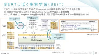 B E R T っ ぽ く 事 前 学 習 ( B E i T )
28
マスクした部分の予測を行うタスクでImageNet 1Kを事前学習することで性能を改善
※ 16台のV100で5日これをやったあとFine Tuningの学習が必要な模様
2021/7月時点で、ImageNet 21kを使った場合、同じ学習データ利用モデルで最高性能(88.6%)
参考文献: [20]
結果は[20-1]より引用
画像は[20-1]より引用
DALL-Eで使われる
dVAE
[M]はマスクされた部分(の特徴)
画像を量子化された
特徴で表現
マスクされた部分に
対応する
量子化特徴表現を
当てる
DeiTと比べても改善
©Panasonic Corporation 2021
 