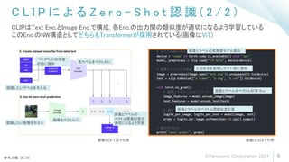 C L I P に よ る Z e r o - S h o t 認 識 ( 2 / 2 )
6
CLIPはText Enc.とImage Enc.で構成. 各Enc.の出力間の類似度が適切になるよう学習している
このEnc.のNW構造としてどちらもTransformerが採用されている(画像はViT)
画像は[9]より引用
画像は[8-1]より引用
参考文献: [8] [9]
認識したいラベルを与える
“～(ラベル)の写真”
の形に整形 各ラベルをベクトルに
認識したい画像を与える
画像をベクトルに
画像とラベルの
ベクトル間類似度が
適切になるよう学習
画像とラベルの変換要モデル読込
入力を与え処理しやすい形に整形
画像とラベルのベクトル計算=Enc.
画像とラベルのベクトル間類似度計算
©Panasonic Corporation 2021
 