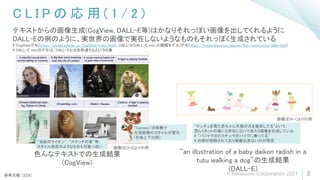 ©Panasonic Corporation 2021
C L I P の 応 用 ( 1 / 2 )
8
テキストからの画像生成(CogView, DALL-E等)はかなりそれっぽい画像を出してくれるように
DALL-Eの例のように、実世界の画像で実在しないようなものもそれっぽく生成されている
# CogViewデモ(https://wudao.aminer.cn/CogView/index.html)、DALL-E(DALL・E mini,小規模モデル)デモ(https://huggingface.co/spaces/flax-community/dalle-mini)
# DALL・E miniのデモは、DALL-Eとは全然違うなという印象
“an illustration of a baby daikon radish in a
tutu walking a dog”の生成結果
(DALL-E)
色んなテキストでの生成結果
(CogView)
参考文献: [3][4]
“チュチュを着た赤ちゃん大根が犬を散歩してる”という、
恐らくネットの海にも存在しないであろう画像を生成している
# “パジャマのピカチュウがバイクに乗ってる”
# の例が削除されており掲載出来ないのが残念
“油彩のライオン”, “スケッチの家”等、
スタイル指定のようなものも可能っぽい
“Cartoon”の有無で
生成画像のスタイルが変化
(右端上下比較)
画像は[3-2]より引用
画像は[4-1]より引用
 