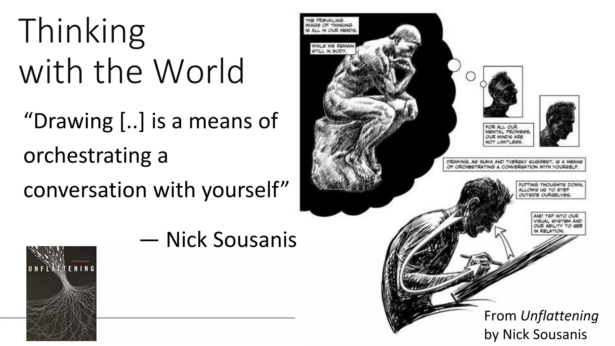 Thinking
with the World
“Drawing [..] is a means of
orchestrating a
conversation with yourself”
— Nick Sousanis
From Unflattening
by Nick Sousanis
 