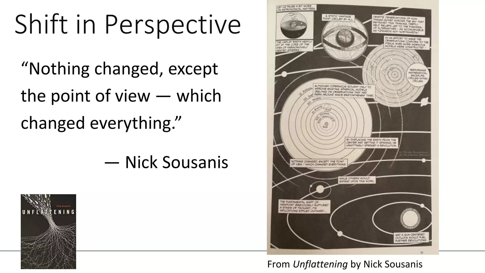 Shift in Perspective
“Nothing changed, except
the point of view — which
changed everything.”
— Nick Sousanis
From Unflattening by Nick Sousanis
 