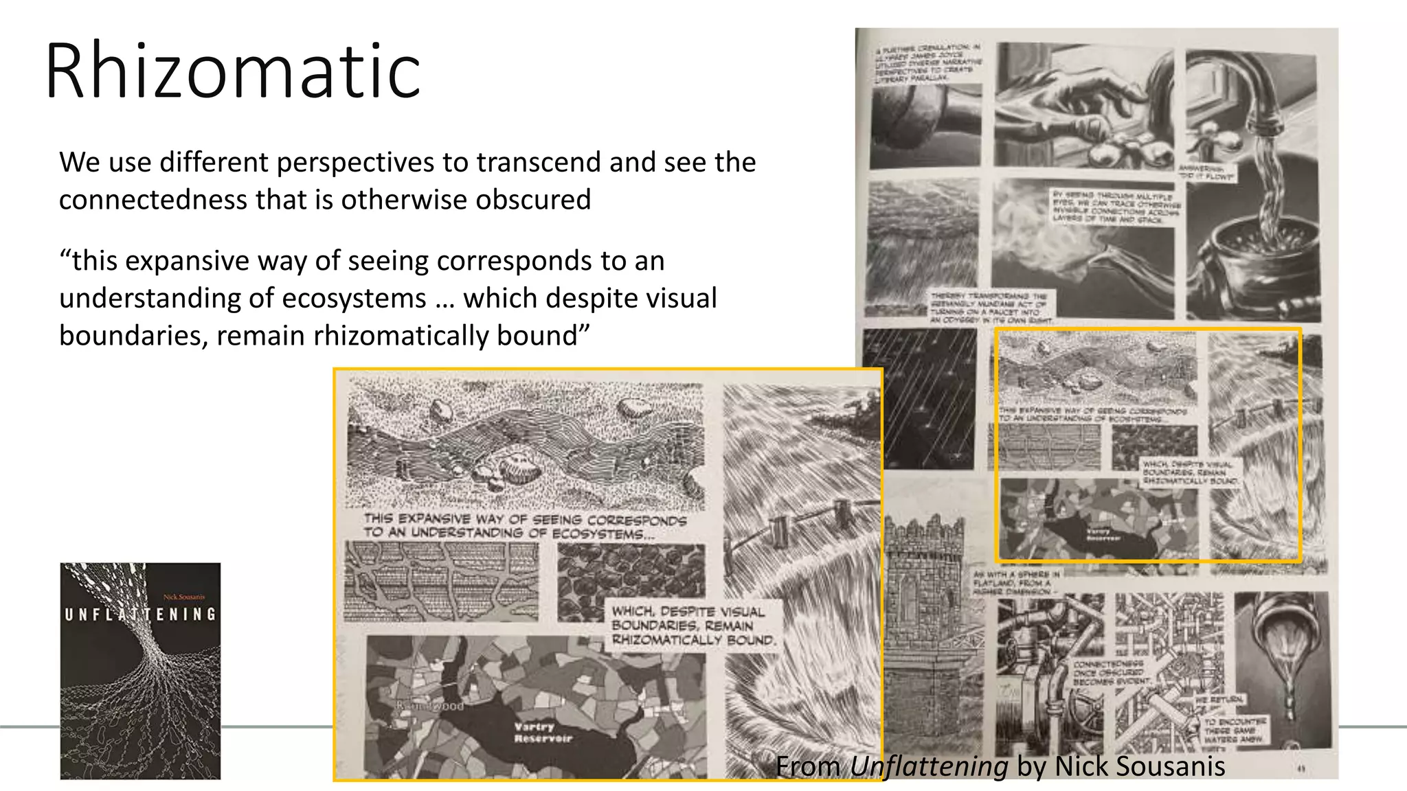 Rhizomatic
We use different perspectives to transcend and see the
connectedness that is otherwise obscured
“this expansive way of seeing corresponds to an
understanding of ecosystems … which despite visual
boundaries, remain rhizomatically bound”
—
From Unflattening by Nick Sousanis
 
