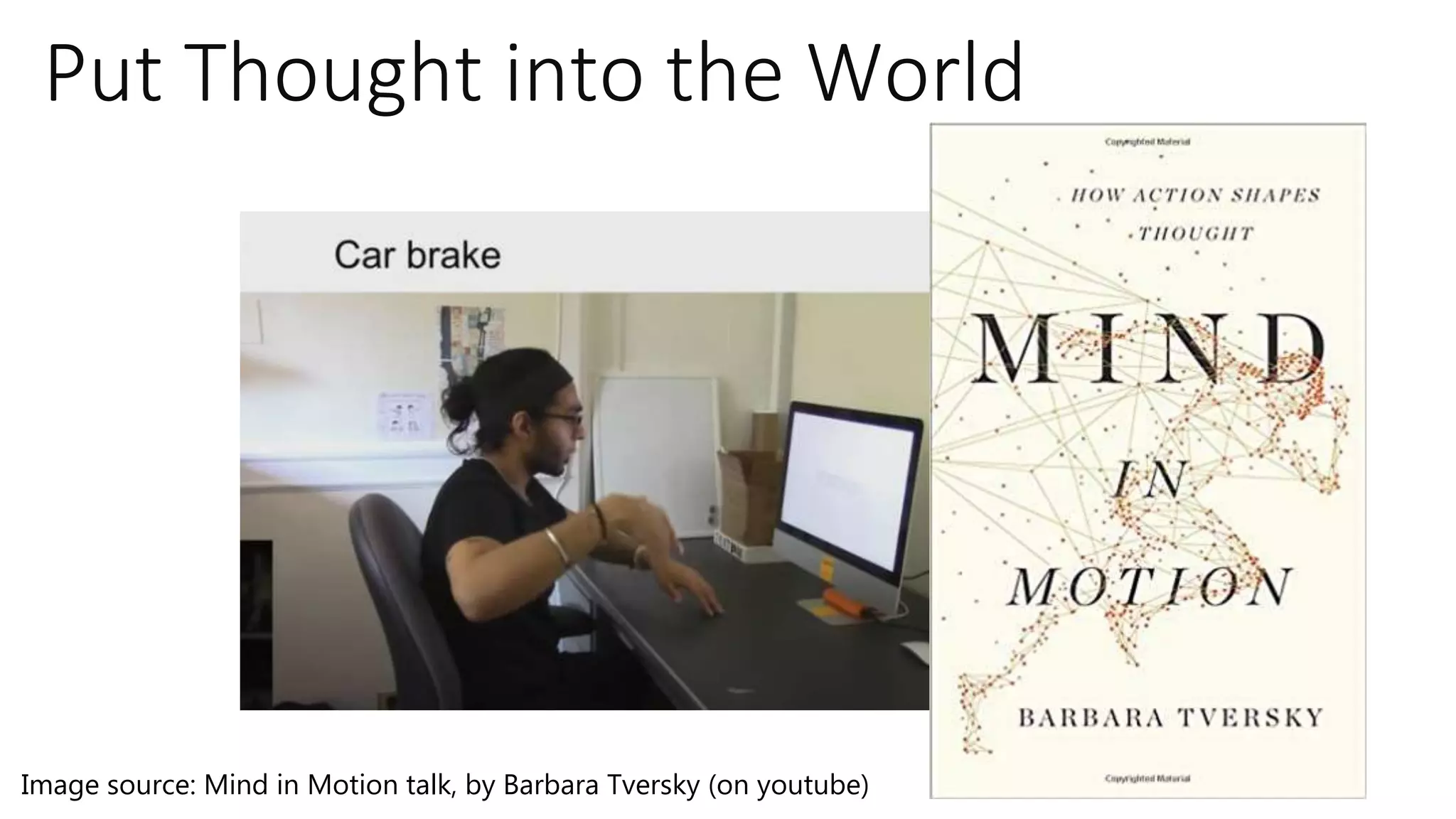 Put Thought into the World
Image source: Mind in Motion talk, by Barbara Tversky (on youtube)
 