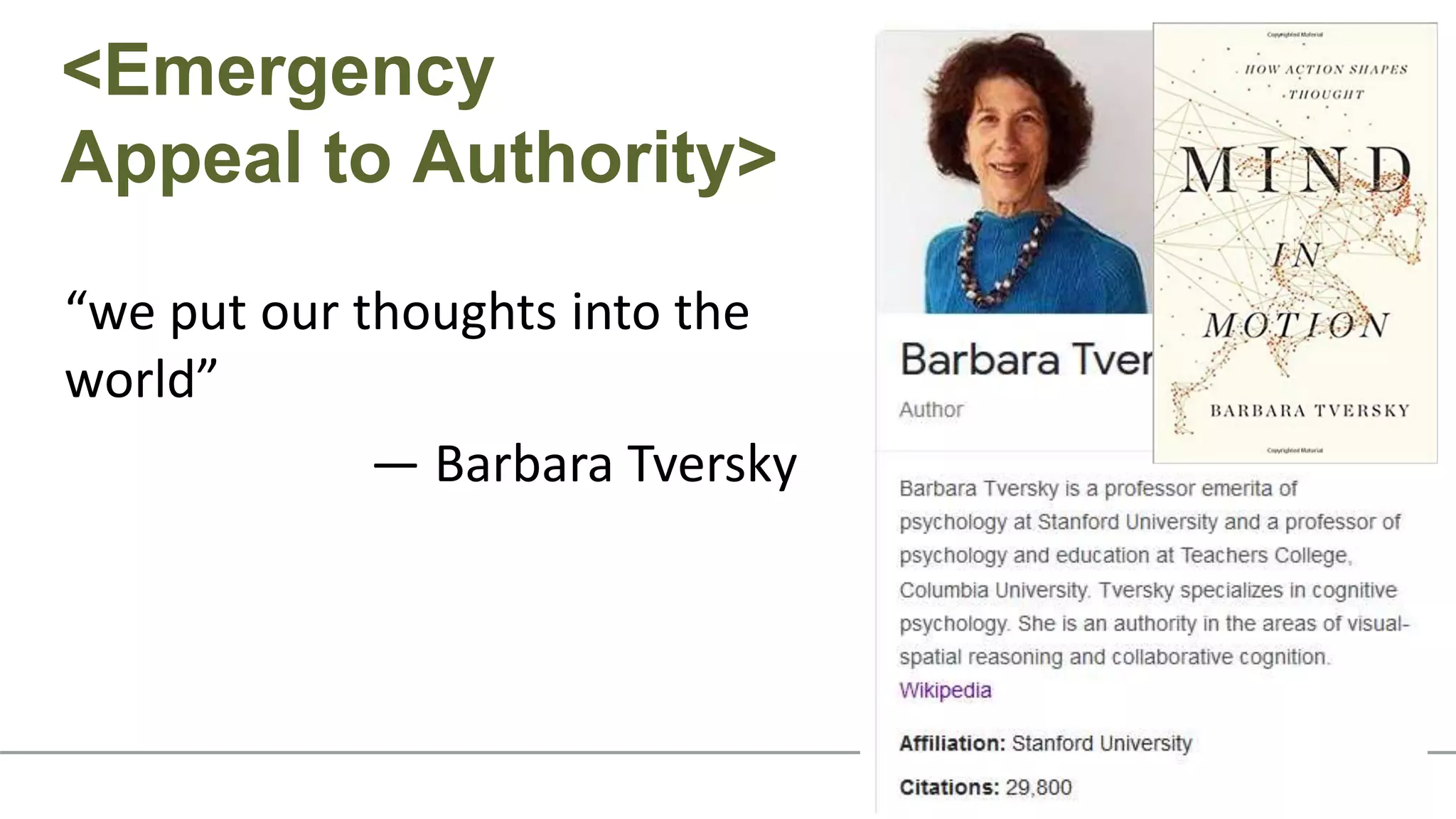 “we put our thoughts into the
world”
— Barbara Tversky
<Emergency
Appeal to Authority>
 