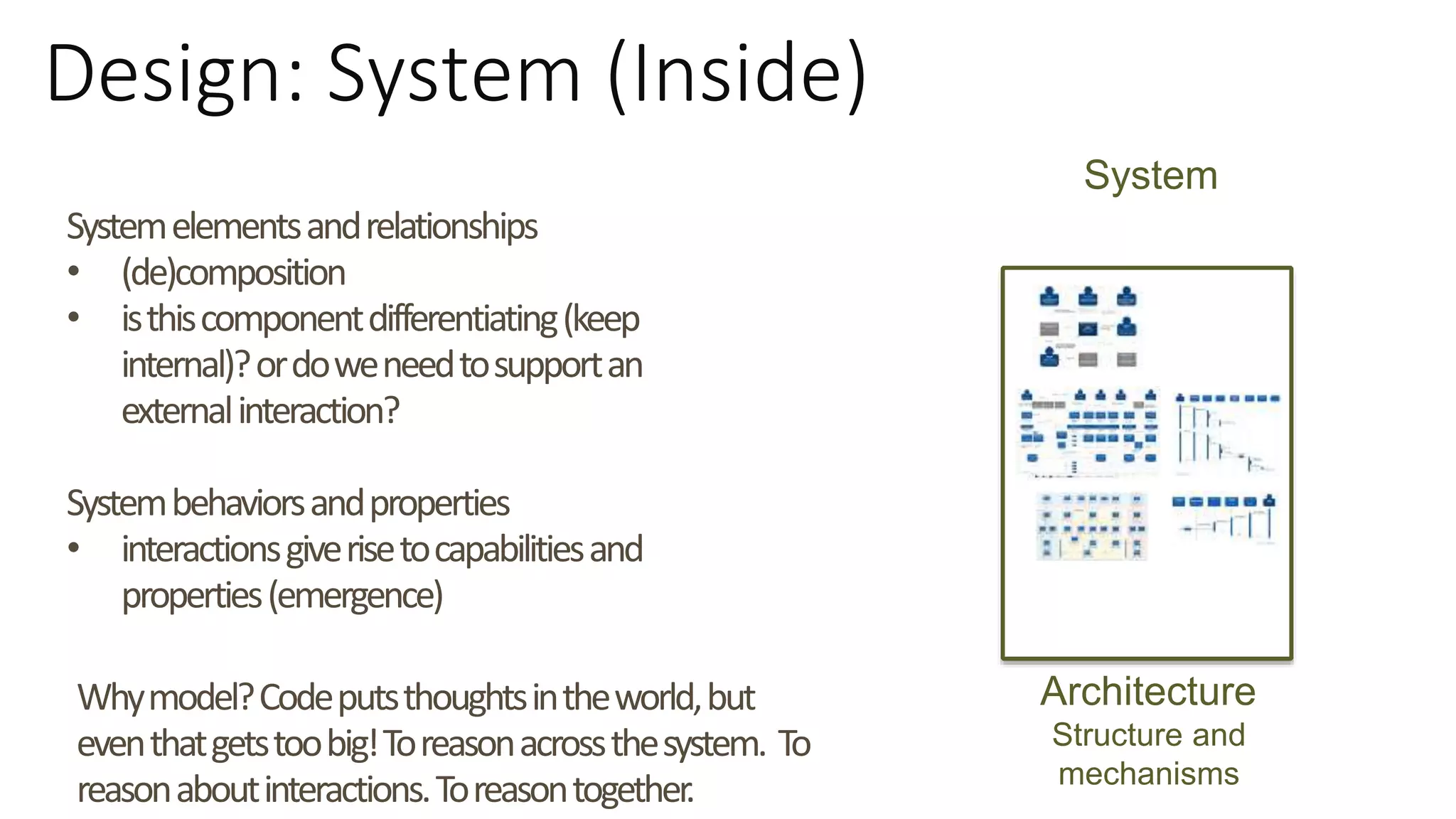 Design: System (Inside)
System
Architecture
Structure and
mechanisms
Systemelementsandrelationships
• (de)composition
• isthiscomponentdifferentiating(keep
internal)?ordoweneedtosupportan
externalinteraction?
Systembehaviorsandproperties
• interactionsgiverisetocapabilitiesand
properties(emergence)
Whymodel?Codeputsthoughtsintheworld,but
eventhatgetstoobig!Toreasonacrossthesystem. To
reasonaboutinteractions.Toreasontogether.
 