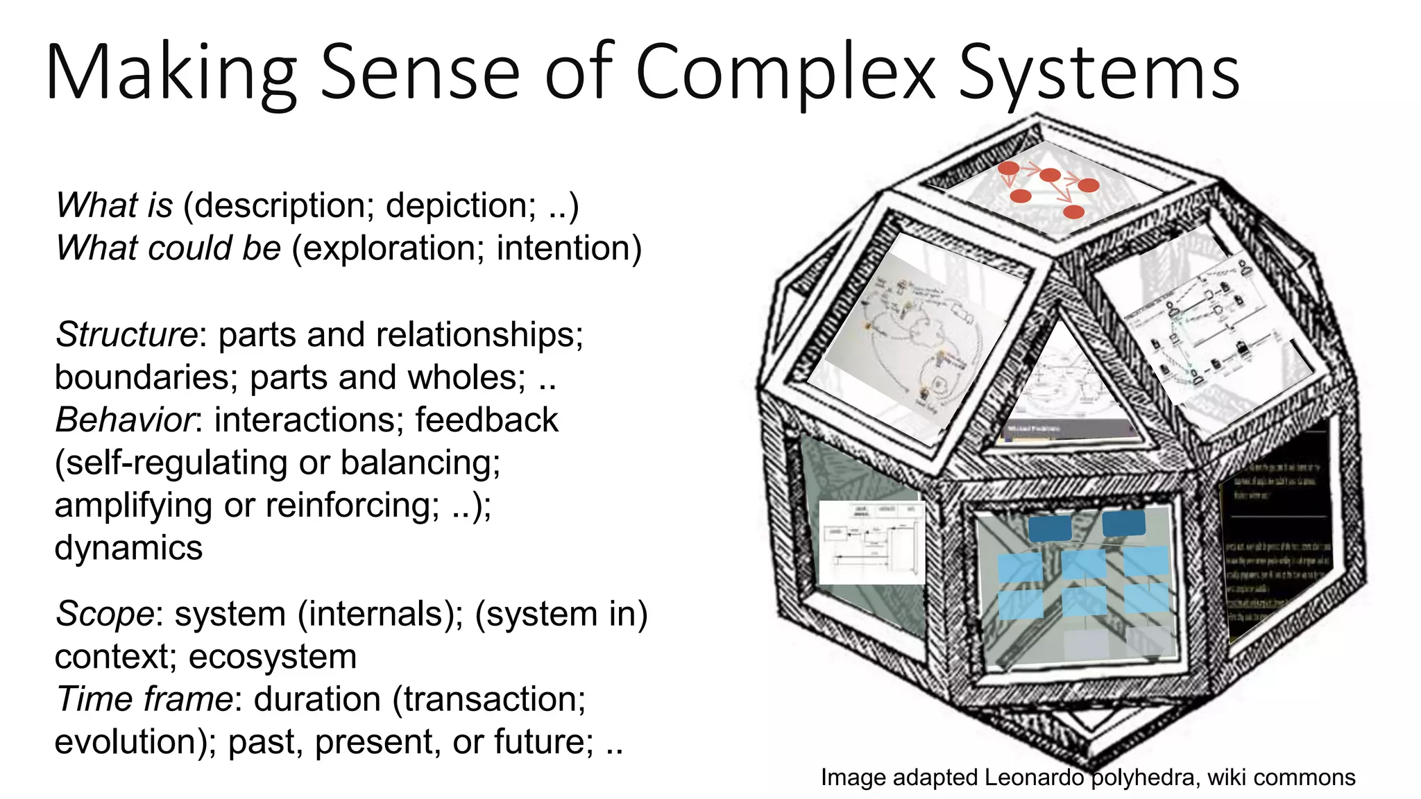 Making Sense of Complex Systems
What is (description; depiction; ..)
What could be (exploration; intention)
Structure: parts and relationships;
boundaries; parts and wholes; ..
Behavior: interactions; feedback
(self-regulating or balancing;
amplifying or reinforcing; ..);
dynamics
Scope: system (internals); (system in)
context; ecosystem
Time frame: duration (transaction;
evolution); past, present, or future; ..
Image adapted Leonardo polyhedra, wiki commons
 