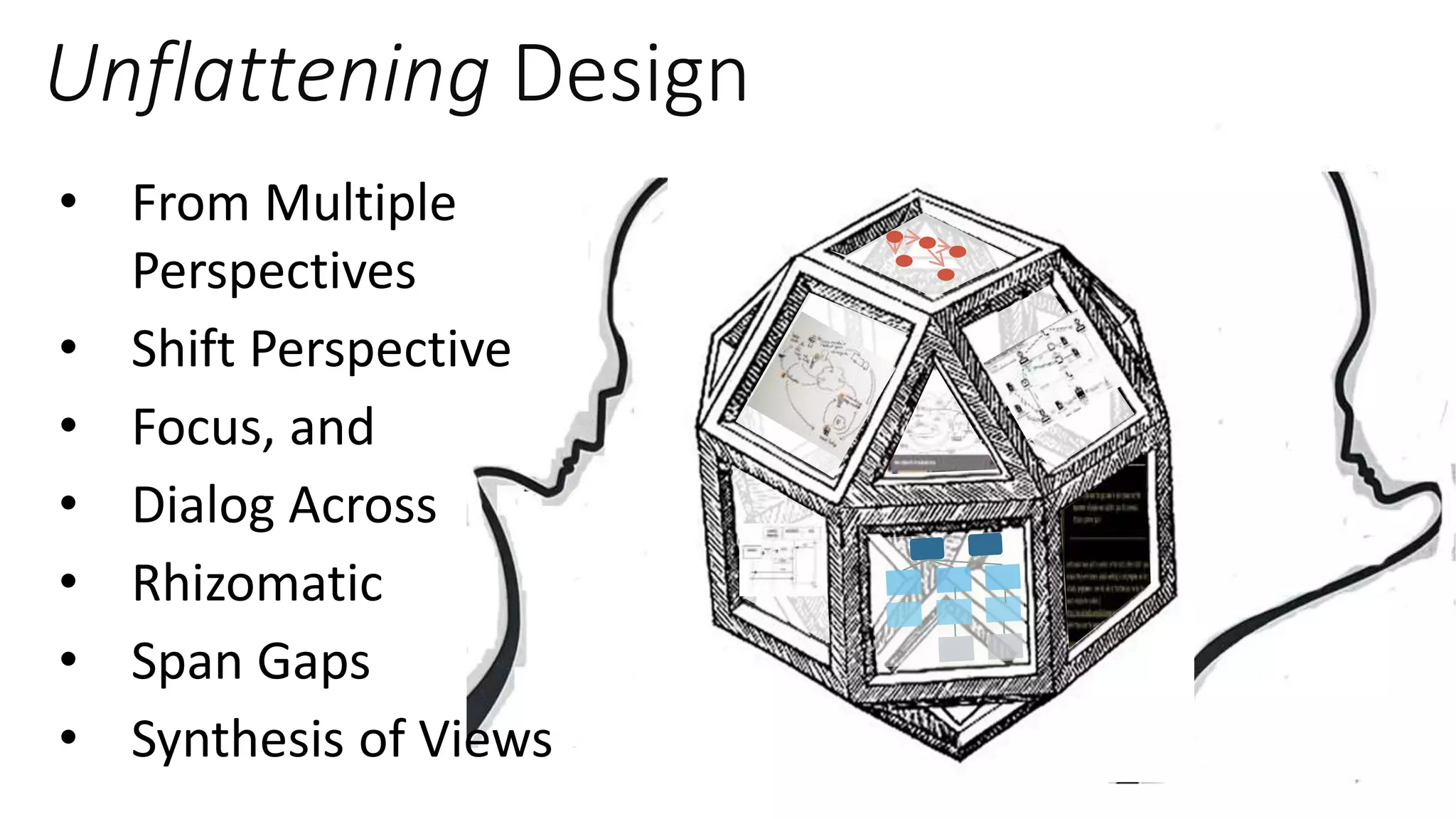 Unflattening Design
• From Multiple
Perspectives
• Shift Perspective
• Focus, and
• Dialog Across
• Rhizomatic
• Span Gaps
• Synthesis of Views
 