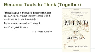 “thoughts put in the world become thinking
tools. A spiral: we put thought in the world,
use it, revise it, use it again. [..]
To remember, remind, and record.
To inform, to influence
— Barbara Tversky
Become Tools to Think (Together)
 