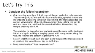 Let’s Try This
• Consider the following problem
– One morning, exactly at 8 A.M., a monk began to climb a tall mountain.
The narrow path, no more than a foot or two wide, spiraled around the
mountain to a glittering temple at the summit. The monk ascended the
path at varying rates of speed, stopping many times along the way to
rest and to eat the dried fruit he carried with him. He reached the
temple precisely at 8 P.M.
The next day, he began his journey back along the same path, starting at
8A.M. and again walking at varying speeds with many pauses along the
way. He reached the bottom at precisely 8 P.M.
– I assert that there is at least one spot along the path the monk occupied
at precisely the same time of day on both trips.
– Is my assertion true? How do you decide?
Source: Visual Thinking by Rudolf Arnheim
SOFTWARE
ARCHITECTURE
 