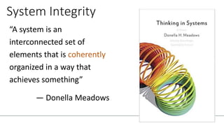TECHNICAL
LEADERSHIP
System Integrity
“A system is an
interconnected set of
elements that is coherently
organized in a way that
achieves something”
— Donella Meadows
 