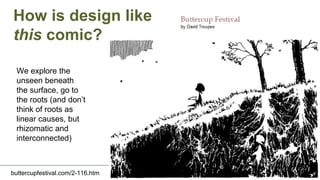 How is design like
this comic?
buttercupfestival.com/2-116.htm
We explore the
unseen beneath
the surface, go to
the roots (and don’t
think of roots as
linear causes, but
rhizomatic and
interconnected)
 