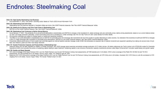 Endnotes: Steelmaking Coal
Slide 122: High Quality Steelmaking Coal Business
1. As at December 31, 2020, Teck portion, excluding oxide. Based on Teck’s 2020 Annual Information Form.
Slide 124: Steelmaking Coal Unit Costs
1. Steelmaking coal unit costs are reported in Canadian dollars per tonne. Non-GAAP financial measures. See “Non-GAAP Financial Measures” slides.
Slide 125: Setting Up for Strong Long-Term Cash Flows in Steelmaking Coal
1. EBITDA is a non-GAAP financial measure. See “Non-GAAP Financial Measures” slides.
Slide 126: Steelmaking Coal Continues to Deliver Strong Returns
1. As at February 17, 2021. The sensitivity of our annual profit attributable to shareholders and EBITDA to changes in the Canadian/U.S. dollar exchange rate and commodity prices, before pricing adjustments, based on our current balance sheet,
our 2021 mid-range production estimates, current commodity prices and a Canadian/U.S. dollar exchange rate of $1.30. See Teck’s Q1 2021 press release for further details.
2. All production estimates are subject to change based on market and operating conditions.
3. The effect on our profit attributable to shareholders and on EBITDA of commodity price and exchange rate movements will vary from quarter to quarter depending on sales volumes. Our estimate of the sensitivity of profit and EBITDA to changes
in the U.S. dollar exchange rate is sensitive to commodity price assumptions. EBITDA is a non-GAAP financial measure. See “Non-GAAP Financial Measures” slides.
4. Productivity reflects performance of Teck’s waste haul truck fleet against an internal baseline standard haulage model (SHM) that anticipates an expected rate of material movement per equipment operating hour taking into account size of truck
fleet, haul distance, grade and other road design elements.
Slide 127: Sustain Production Capacity and Productivities in Steelmaking Coal
1. Historical spend has not been adjusted for inflation or foreign exchange. 2021-2025 average spend assumes annualized average production of 27 million tonnes. All dollars referenced are Teck’s portion net of POSCAN credits for Greenhills
Operations at 80% and excludes the portion of sustaining capital relating to water treatment. Sustaining capital is now inclusive of production capacity investments previous called Major Enhancement. Excludes capital leases and growth capital.
Slide 128: Quality and Basis Spreads
1. HCC price is average of the Argus Premium HCC Low Vol, Platts Premium Low Vol and TSI Premium Coking Coal assessments, all FOB Australia and in US dollars. SHCC price is average of the Platts HCC 64 Mid Vol and TSI HCC
assessments, all FOB Australia and in US dollars. Source: Argus, Platts, TSI. Plotted to April 20, 2021.
2. Seaborne HCC CFR China price is average of the Argus Premium HCC Low Vol, Platts Premium Low Vol and TSI Premium Coking Coal assessments, all CFR China and in US dollars. Domestic HCC CFR China is Liulin #4 normalized to CFR
Jingtang Port in US dollars. Source: Argus, Platts, TSI, Sxcoal. Plotted to April 16, 2021.
133
 