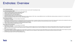 Endnotes: Overview
Slide 27: Global Customer Base
1. Gross profit before depreciation and amortization is a non-GAAP financial measure. See “Non-GAAP Financial Measures” slides.
Slide 28: Disciplined Approach to M&A
1. Carmen de Andacollo gold stream transaction occurred in USD at US$162 million.
2. Antamina silver stream transaction occurred in USD at US$610 million.
3. Sandstorm royalty transaction occurred in USD at US$22 million.
4. Teena transaction occurred in AUD at A$10.6 million.
5. San Nicolàs transaction occurred in USD at US$50 million.
6. Waneta Dam transaction closed July 26, 2018 for C$1.2 billion.
7. QB2 Partnership (sale of 30% interest of project to Sumitomo; SMM and SC) for total consideration of US$1.2 billion, including US$800 million earn-in and US$400 million matching contribution; converted at FX of 1.34 on March 29, 2019.
8. EBITDA is a non-GAAP financial measure. See “Non-GAAP Financial Measures” slides.
Slide 29: Production Guidance
1. As at April 27, 2021. See Teck’s Q1 2021 press release for further details.
2. Metal contained in concentrate.
3. We include 100% of production and sales from our Quebrada Blanca and Carmen de Andacollo mines in our production and sales volumes, even though we do not own 100% of these operations, because we fully consolidate their results in our
financial statements. We include 22.5% and 21.3% of production and sales from Antamina and Fort Hills, respectively, representing our proportionate ownership interest in these operations.
4. Copper production includes cathode production at Quebrada Blanca and Carmen de Andacollo.
5. Total zinc includes co-product zinc production from our 22.5% proportionate interest in Antamina.
6. Three-year guidance 2022-2024 excludes production from QB2.
Slide 30: Sales and Unit Cost Guidance
1. As at April 27, 2021. See Teck’s Q1 2021 press release for further details.
2. Metal contained in concentrate.
3. Copper unit costs are reported in U.S. dollars per payable pound of metal contained in concentrate. Copper net cash unit costs include adjusted cash cost of sales and smelter processing charges, less cash margins for by-products including
co-products. Guidance for 2021 assumes a zinc price of US$1.22 per pound, a molybdenum price of US$8.50 per pound, a silver price of US$20 per ounce, a gold price of US$2,000 per ounce and a Canadian/U.S. dollar exchange rate of
$1.30.
4. After co-product and by-product margins.
5. Zinc unit costs are reported in U.S. dollars per payable pound of metal contained in concentrate. Zinc net cash unit costs are mine costs including adjusted cash cost of sales and smelter processing charges, less cash margins for by-products.
Guidance for 2021 assumes a lead price of US$0.85 per pound, a silver price of US$20 per ounce and a Canadian/U.S. dollar exchange rate of $1.30. By-products include both by-products and co-products.
6. Steelmaking coal unit costs are reported in Canadian dollars per tonne.
7. Non-GAAP financial measure. See “Non-GAAP Financial Measures” slides.
36
 