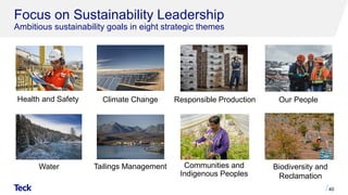 Focus on Sustainability Leadership
Ambitious sustainability goals in eight strategic themes
40
Climate Change Responsible Production
Water Tailings Management Biodiversity and
Reclamation
Health and Safety Our People
Communities and
Indigenous Peoples
 