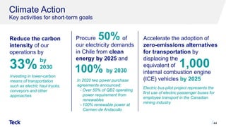 Climate Action
Key activities for short-term goals
44
Investing in lower-carbon
means of transportation
such as electric haul trucks,
conveyors and other
approaches
Reduce the carbon
intensity of our
operations by
33% by
2030
Electric bus pilot project represents the
first use of electric passenger buses for
employee transport in the Canadian
mining industry
Accelerate the adoption of
zero-emissions alternatives
for transportation by
displacing the
equivalent of
internal combustion engine
(ICE) vehicles by 2025
1,000
Procure of
our electricity demands
in Chile from clean
energy by 2025 and
In 2020 two power purchase
agreements announced:
- Over 50% of QB2 operating
power requirement from
renewables
- 100% renewable power at
Carmen de Andacollo
100% by 2030
50%
 