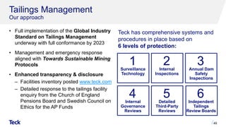 Tailings Management
Our approach
• Full implementation of the Global Industry
Standard on Tailings Management
underway with full conformance by 2023
• Management and emergency response
aligned with Towards Sustainable Mining
Protocols
• Enhanced transparency & disclosure
‒ Facilities inventory posted www.teck.com
‒ Detailed response to the tailings facility
enquiry from the Church of England
Pensions Board and Swedish Council on
Ethics for the AP Funds
Teck has comprehensive systems and
procedures in place based on
6 levels of protection:
Surveillance
Technology
1 Internal
Inspections
2 Annual Dam
Safety
Inspections
3
Internal
Governance
Reviews
4 Detailed
Third-Party
Reviews
5 Independent
Tailings
Review Boards
6
49
 