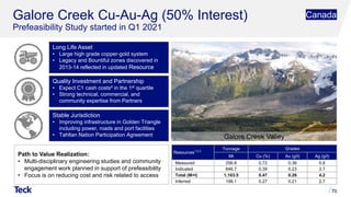 Galore Creek Cu-Au-Ag (50% Interest)
Prefeasibility Study started in Q1 2021
Long Life Asset
• Large high grade copper-gold system
• Legacy and Bountiful zones discovered in
2013-14 reflected in updated Resource
Quality Investment and Partnership
• Expect C1 cash costs4 in the 1st quartile
• Strong technical, commercial, and
community expertise from Partners
Path to Value Realization:
• Multi-disciplinary engineering studies and community
engagement work planned in support of prefeasibility
• Focus is on reducing cost and risk related to access
70
Stable Jurisdiction
• Improving infrastructure in Golden Triangle
including power, roads and port facilities
• Tahltan Nation Participation Agreement
Resources1,2,3
Tonnage Grades
Mt Cu (%) Au (g/t) Ag (g/t)
Measured 256.8 0.72 0.36 5.8
Indicated 846.7 0.39 0.23 3.7
Total (M+I) 1,103.5 0.47 0.26 4.2
Inferred 198.1 0.27 0.21 2.7
Canada
Galore Creek Valley
 
