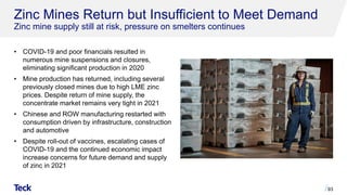 Zinc Mines Return but Insufficient to Meet Demand
Zinc mine supply still at risk, pressure on smelters continues
• COVID-19 and poor financials resulted in
numerous mine suspensions and closures,
eliminating significant production in 2020
• Mine production has returned, including several
previously closed mines due to high LME zinc
prices. Despite return of mine supply, the
concentrate market remains very tight in 2021
• Chinese and ROW manufacturing restarted with
consumption driven by infrastructure, construction
and automotive
• Despite roll-out of vaccines, escalating cases of
COVID-19 and the continued economic impact
increase concerns for future demand and supply
of zinc in 2021
93
 