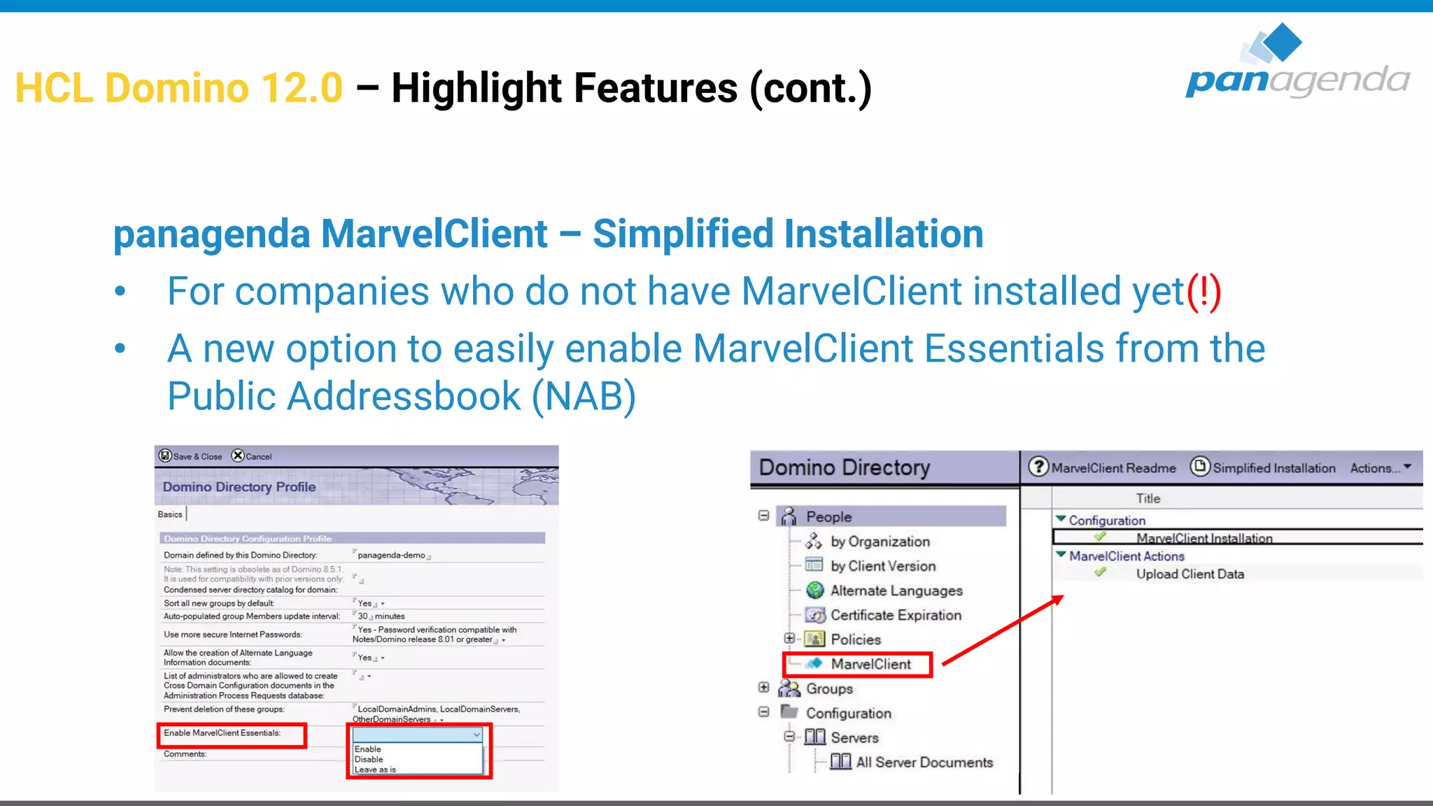 HCL Domino 12.0 – Highlight Features (cont.)
panagenda MarvelClient – Simplified Installation
• For companies who do not have MarvelClient installed yet(!)
• A new option to​ easily enable MarvelClient Essentials​ from the
Public Addressbook (NAB)
 