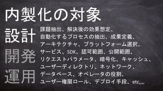 設計
開発
運用
内製化の対象
課題抽出、解決後の効果想定、
自動化するプロセスの抽出、成果定義、
アーキテクチャ、プラットフォーム選択、
サービス、SDK、認可範囲、公開範囲、
リクエストパラメータ、暗号化、キャッシュ、
ユーザーディレクトリ、ネットワーク、
データベース、オペレータの役割、
ユーザー権限ロール、デプロイ手段、etc,,,,
 