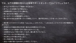 ・オペレータが足りなくて電話に出られない。
・オペレータを増員する予算はない。
・お客様は待たされたうえに諦める。
・問い合わせ先は電話しかない。
・ホームページには電話番号しかない。
・問い合わせ対応を表計算ソフトで管理していて、誰が何を対応したかまったくわからない。
・表計算ソフトのファイル名は「new_new_」と付いたり、「_20210619」とついてたり何が最新かわ
からない。
・受電率などの報告資料の作成に毎日30分時間をかけている。
・日報をメールで送信するのに毎日10分かけている。
・お客様はTwitterで悪口を言ってるが、誰も気づいていない。
・対応フローなどの手順は存在しない。
・対応例などの手順は存在しない。
・同じ内容の問い合せも多い。
・支払いは銀行振り込みのみしか対応していない。
では、以下の課題を抱えたお客様サポートセンターではどうでしょうか？
 
