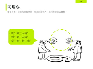 24
同理心
像使用者一樣的角度看世界，作為同理他人，感同身受的去體驗。
從”第三人稱”
到”第一人稱”
從”他”到”我”
 