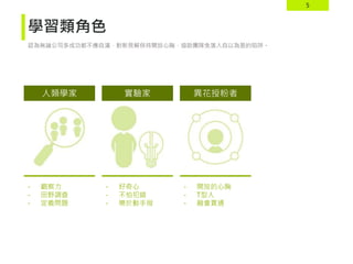 5
學習類角色
認為無論公司多成功都不應自滿，對新見解保持開放心胸，協助團隊免落入自以為是的陷阱。
人類學家 實驗家 異花授粉者
- 開放的心胸
- T型人
- 融會貫通
- 好奇心
- 不怕犯錯
- 樂於動手做
- 觀察力
- 田野調查
- 定義問題
 